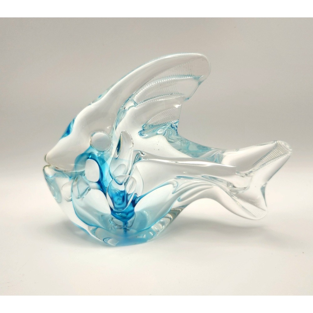 Rollin Karg Signed Art Glass Fish Sculpture Blue Clear Studio Glass Figurine